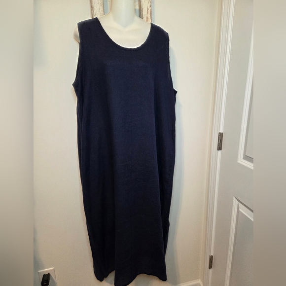 Flax 100% Linen Sleeveless Shift Dress Navy Blue Large - Picture 1 of 11